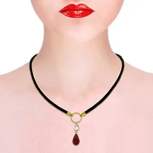 10.8 Carat 14K Solid Yellow Gold Leather Necklace Pearl Ruby