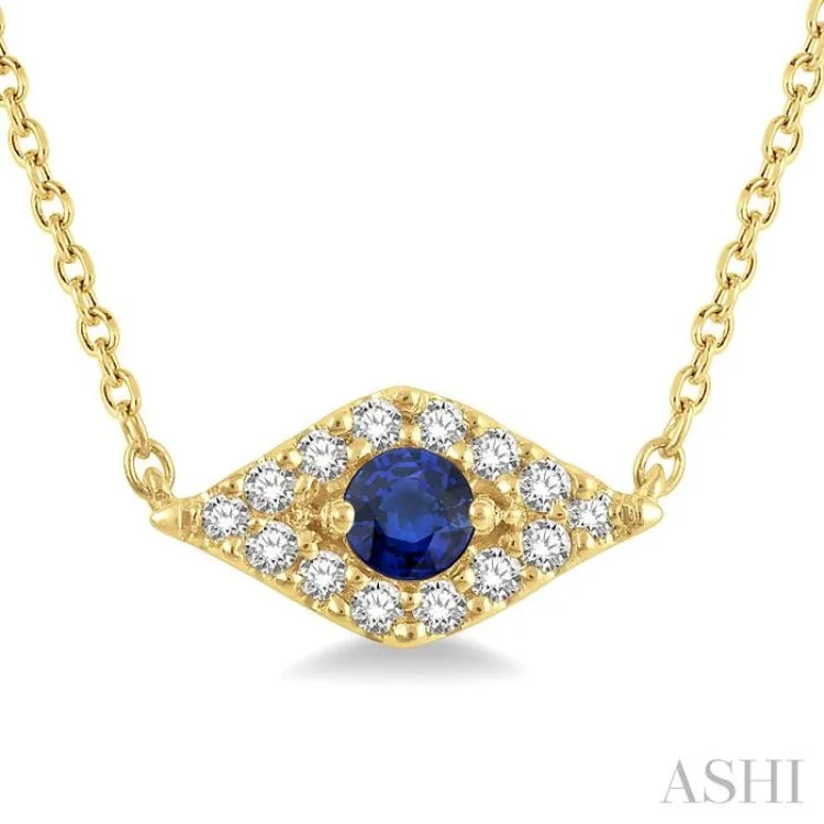 1/10 Ctw Evil Eye Round Cut Diamond & 2.60 MM Round Cut Sapphire Precious Petite Fashion Necklace in 10K Yellow Gold