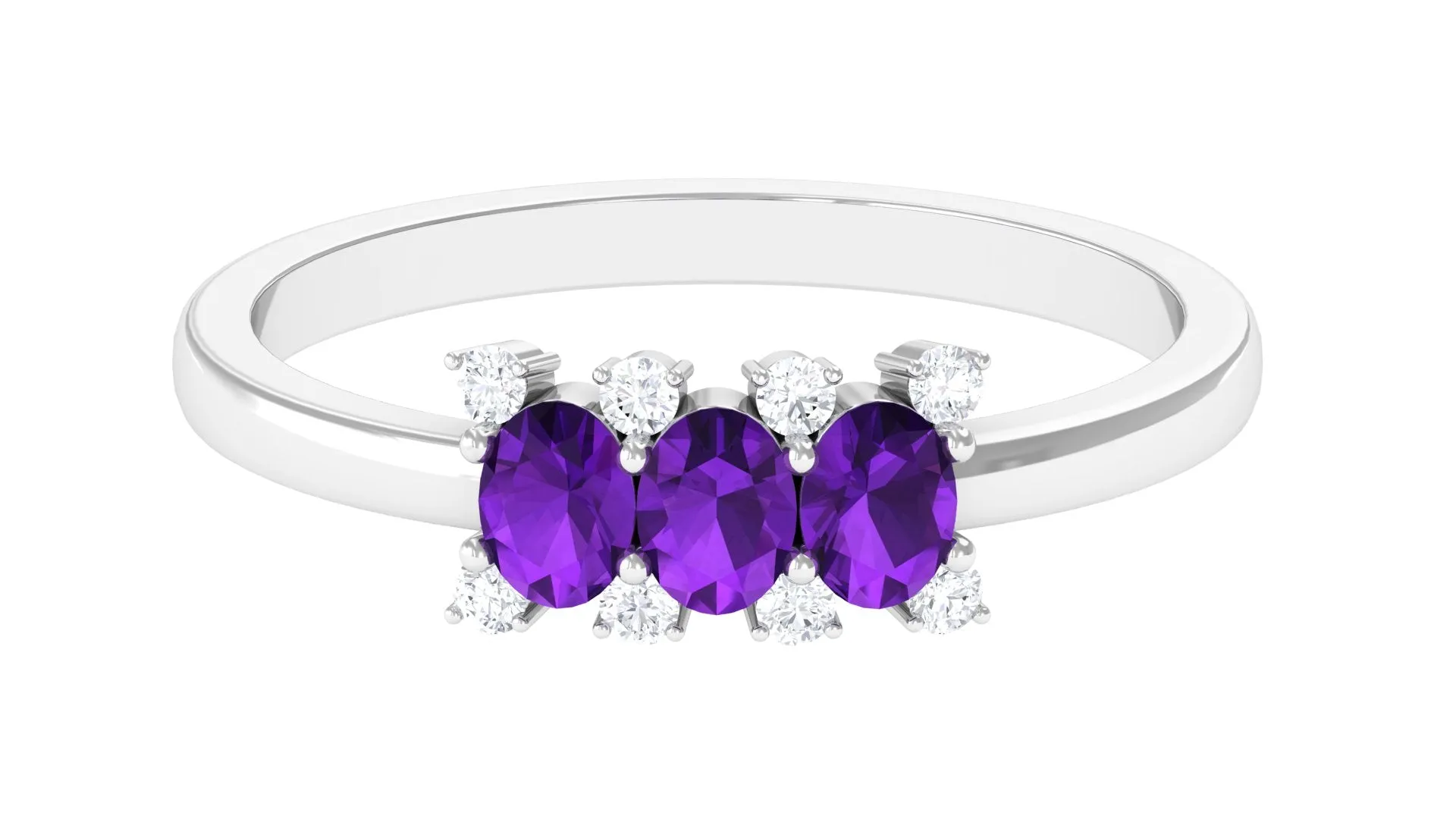 1/2 CT Oval Amethyst Three Stone Promise Ring with Diamond