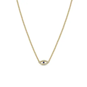 14k Blue Sapphire & Diamond Evil Eye Curb Chain Necklace