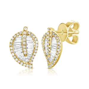 14k Gold & Diamond Leaf Stud Earrings- 0.65 ct.