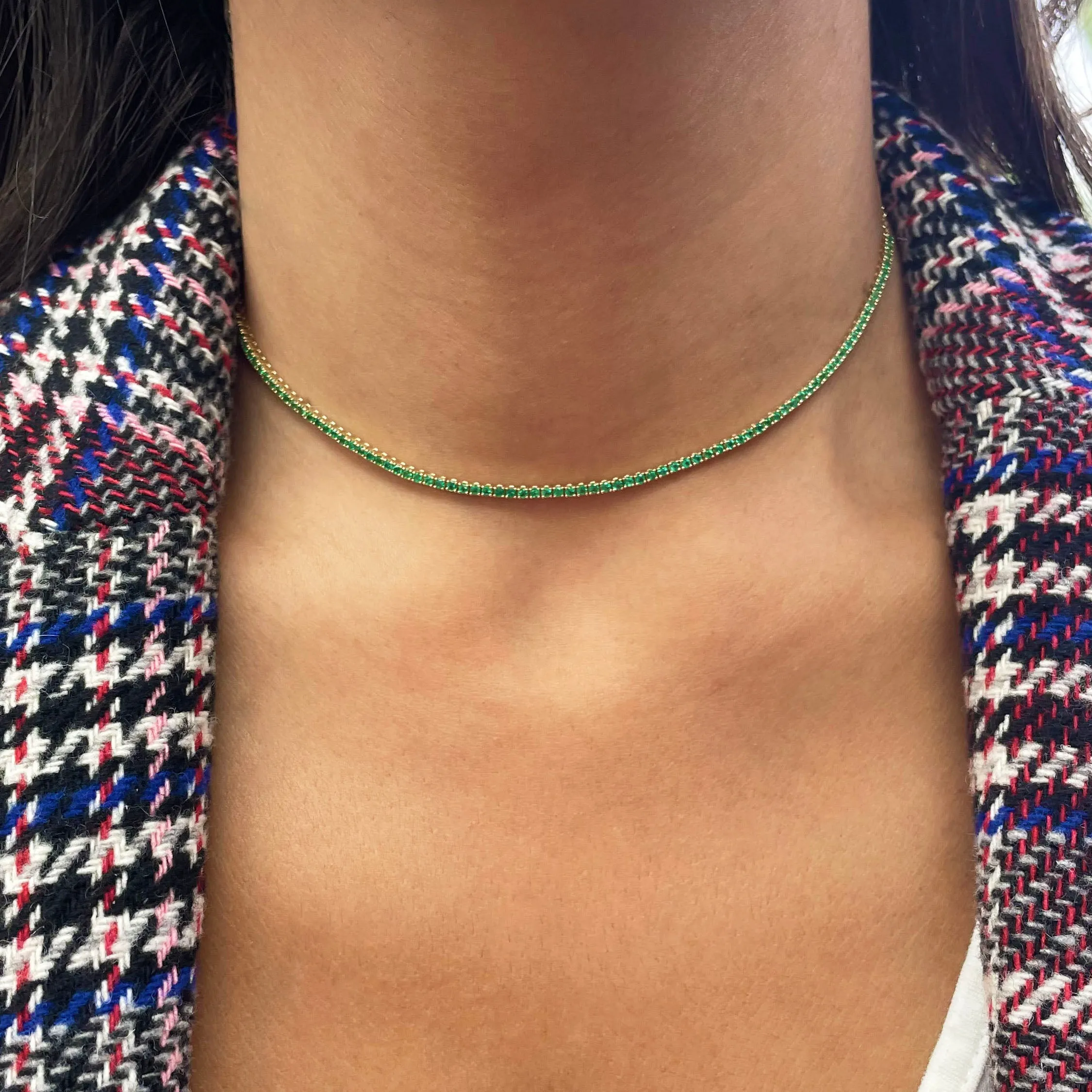 14k Gold & Green Emerald Adjustable Tennis Choker Necklace - 1.67ct