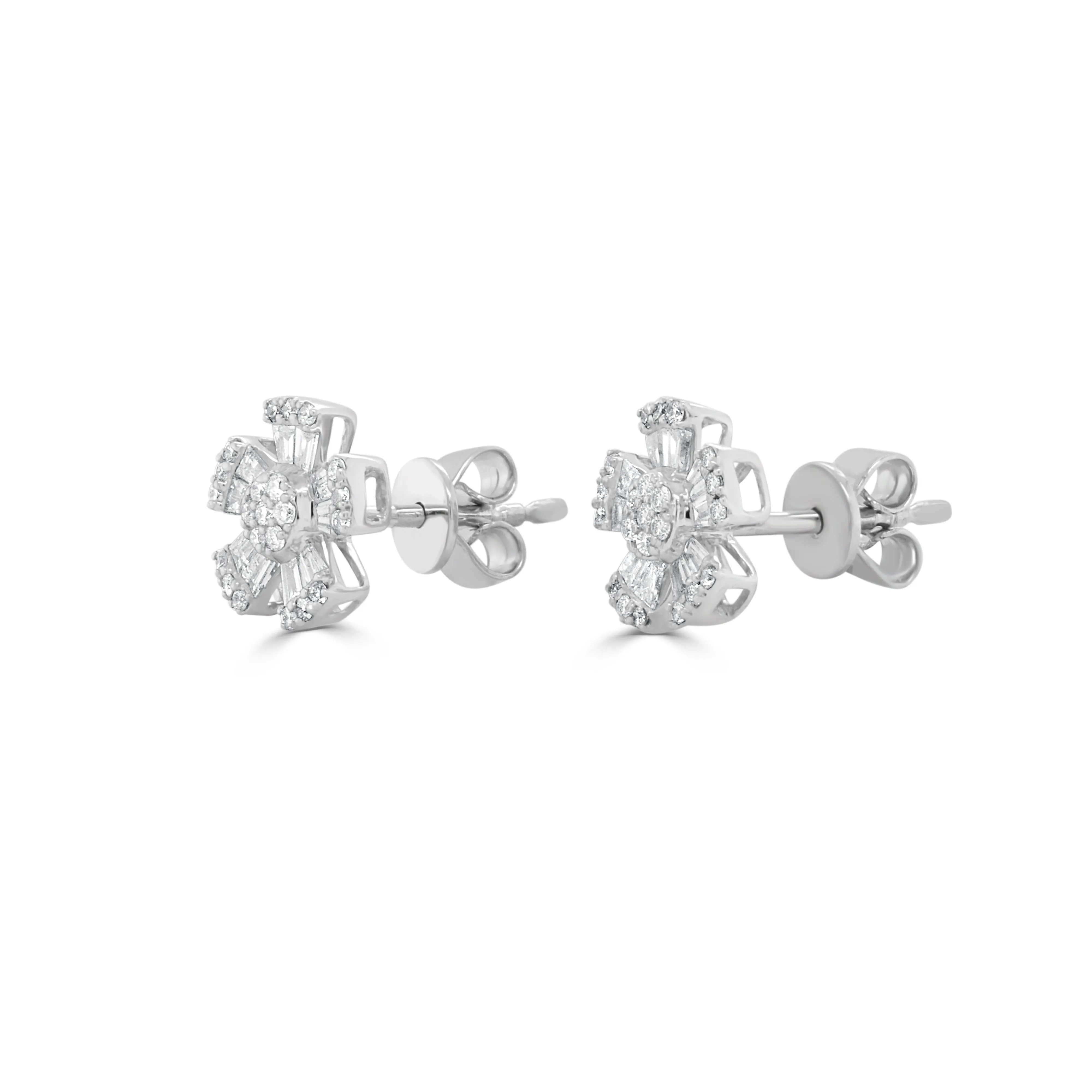 14K Gold Diamond Baguette Flower Stud Earrings - 0.48ct