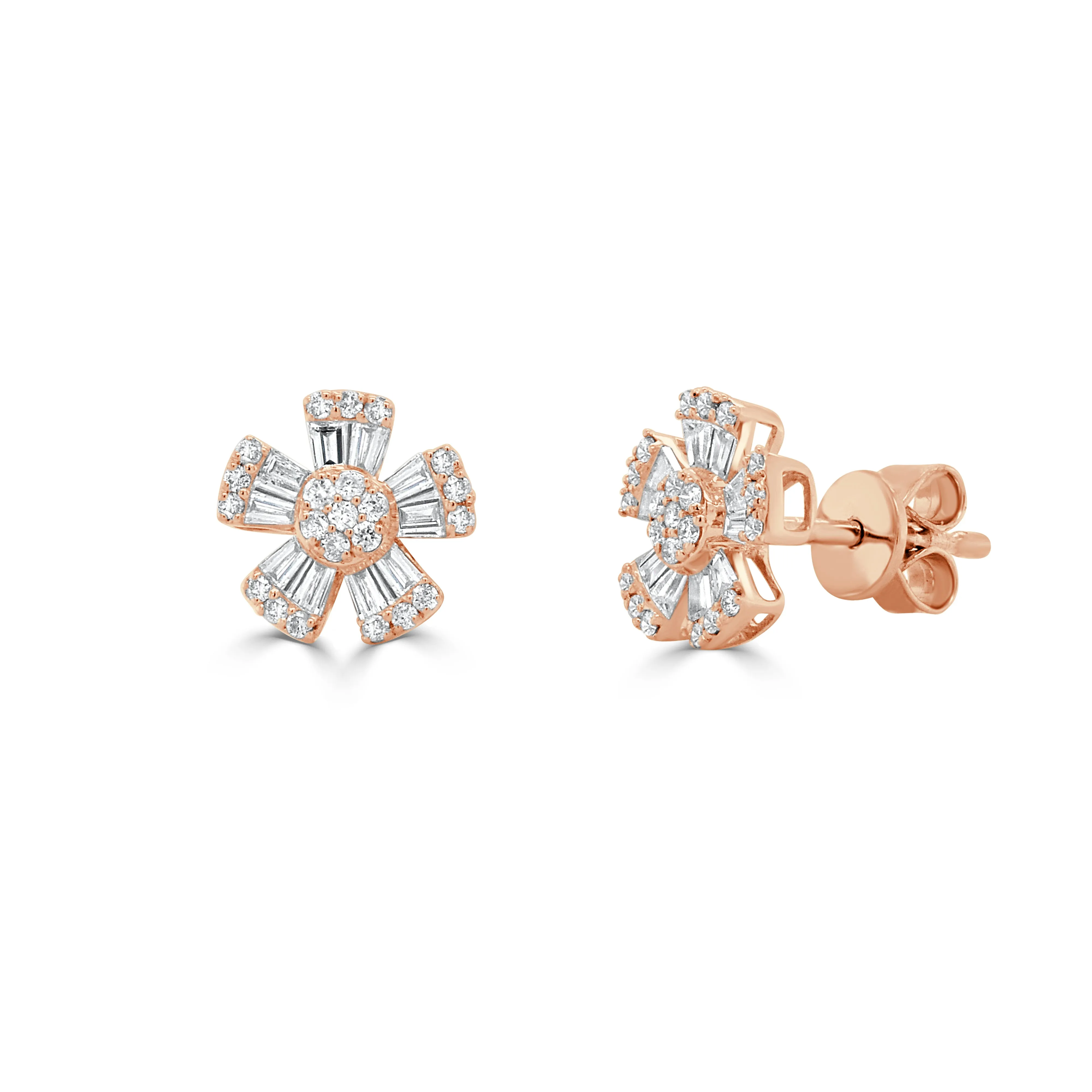 14K Gold Diamond Baguette Flower Stud Earrings - 0.48ct