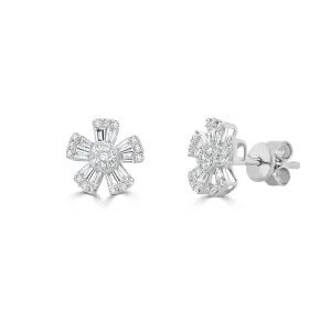 14K Gold Diamond Baguette Flower Stud Earrings - 0.48ct