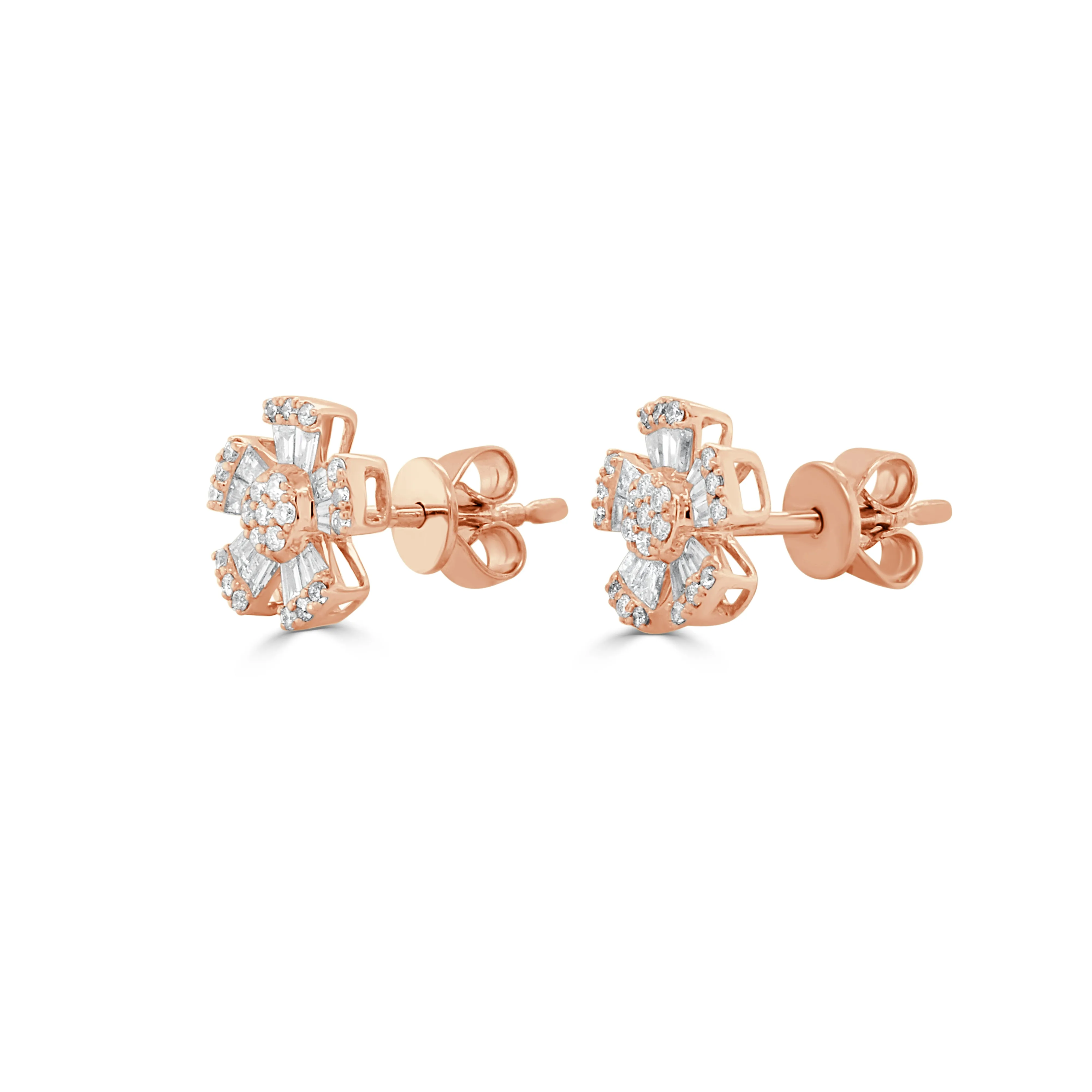 14K Gold Diamond Baguette Flower Stud Earrings - 0.48ct