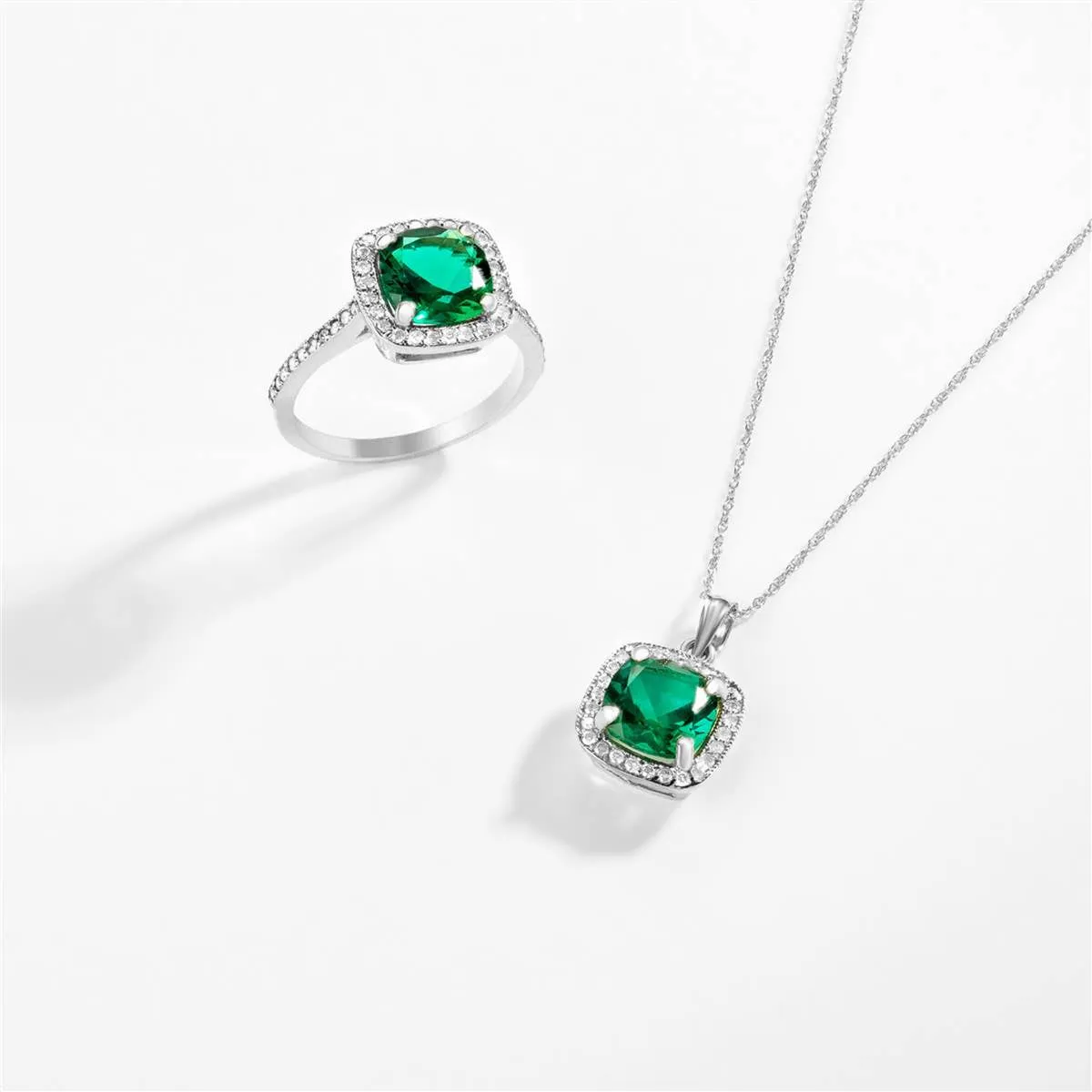 14K Solid White Gold Necklace With Natural Diamonds & Genuine Emerald 1.74 ctw High Polished Brilliant Cut - Grade AAA