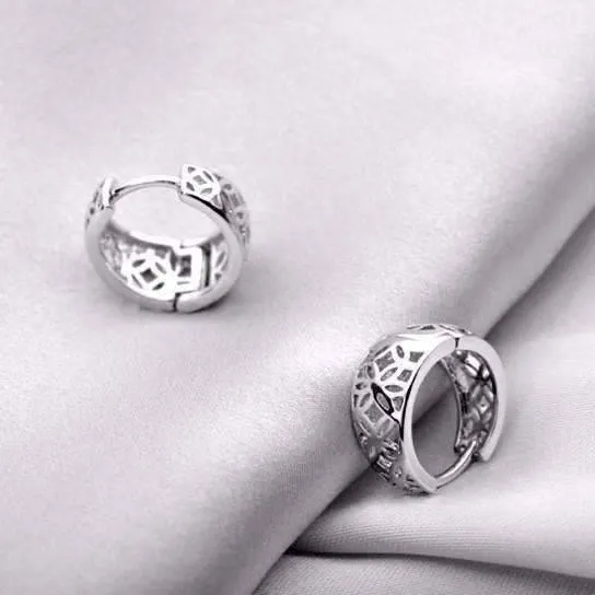 14K White Gold Plated Filigree Flower Huggie Earrings for Women Special Occasion