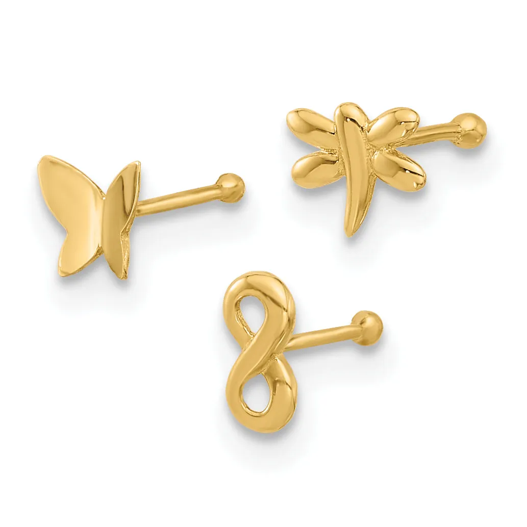 14k Yellow Gold  22 Gauge Infinity Symbol, Dragonfly, Butterfly Nose Stud