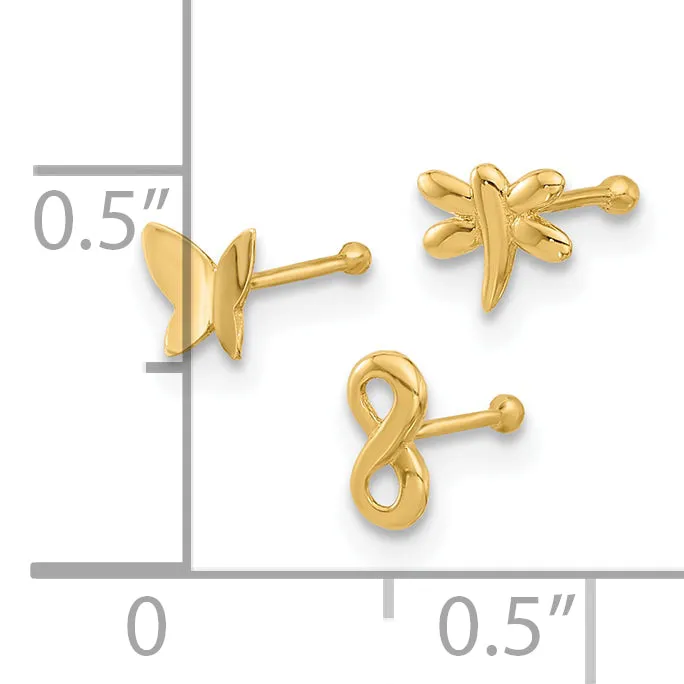 14k Yellow Gold  22 Gauge Infinity Symbol, Dragonfly, Butterfly Nose Stud