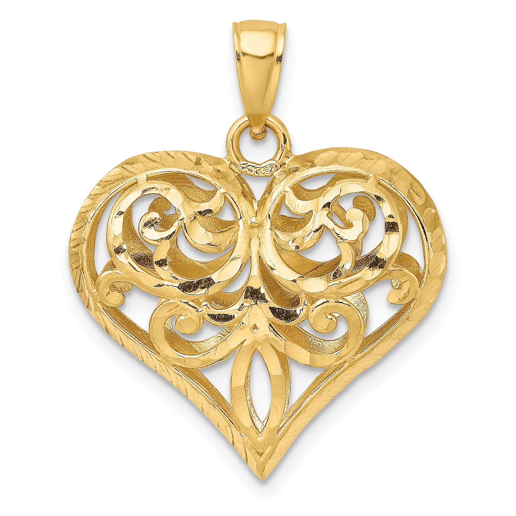 14k Yellow Gold 3-D Filigree Puffed Heart Pendant