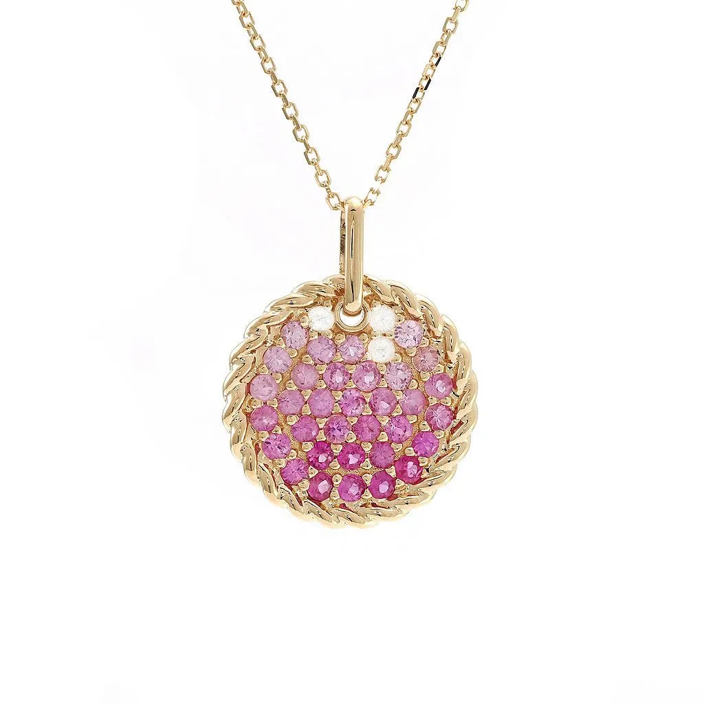 14K Yellow Gold Round Pave Pink/White Sapphire Necklace