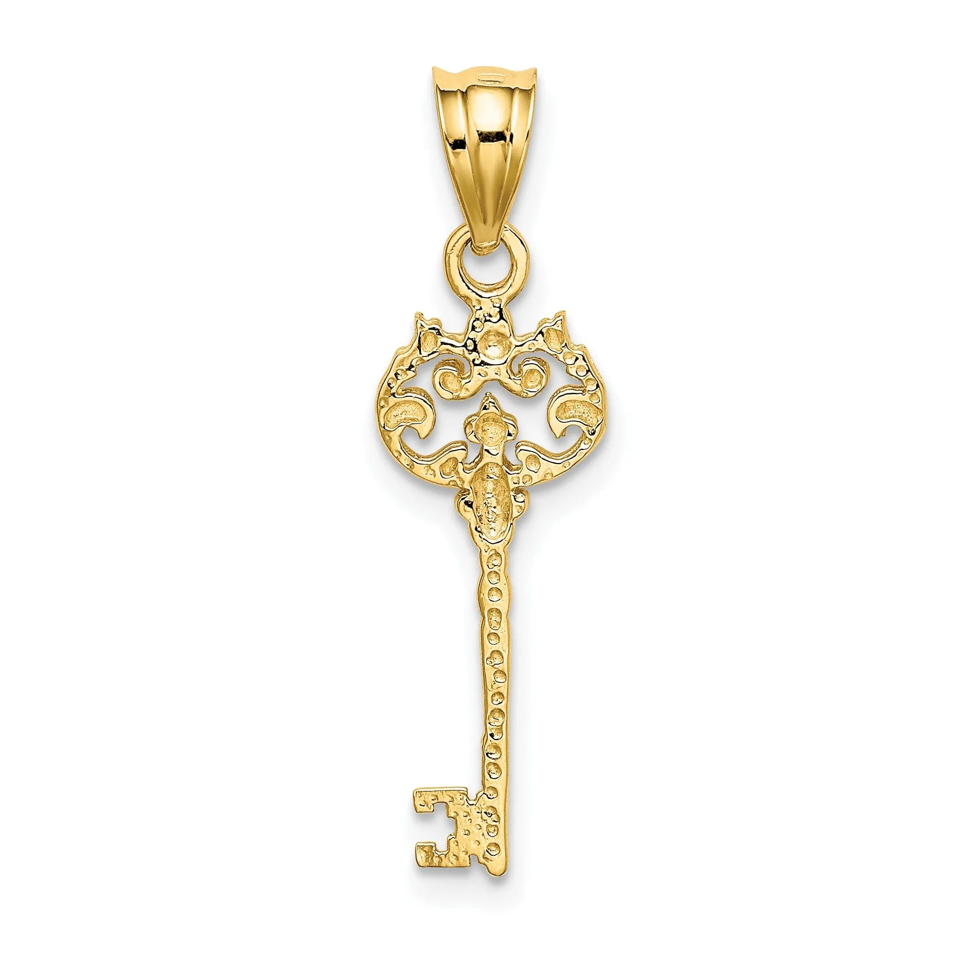 14K Yellow Gold Solid Flat Back Filigree Key Design Charm Pendant