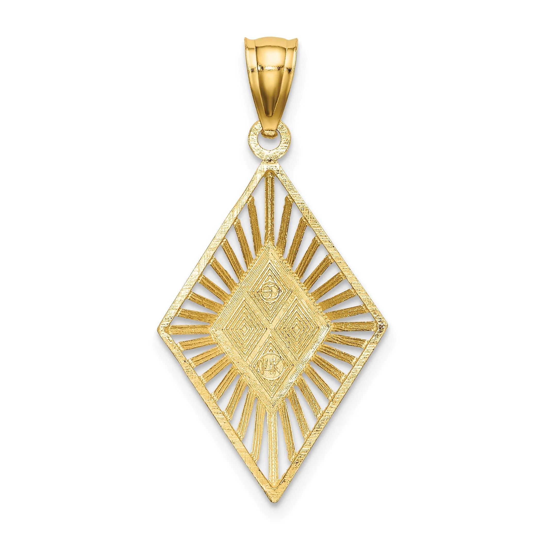 14K Yellow Gold, White Rhodium Polished Diamond Cut Finish Filigree Beaded Diamond Shape Design Pendant