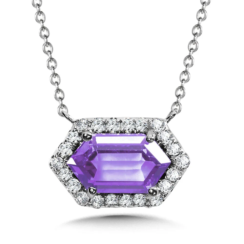 14KW Amethyst and Diamond Pendant, Adjustable 18" Chain