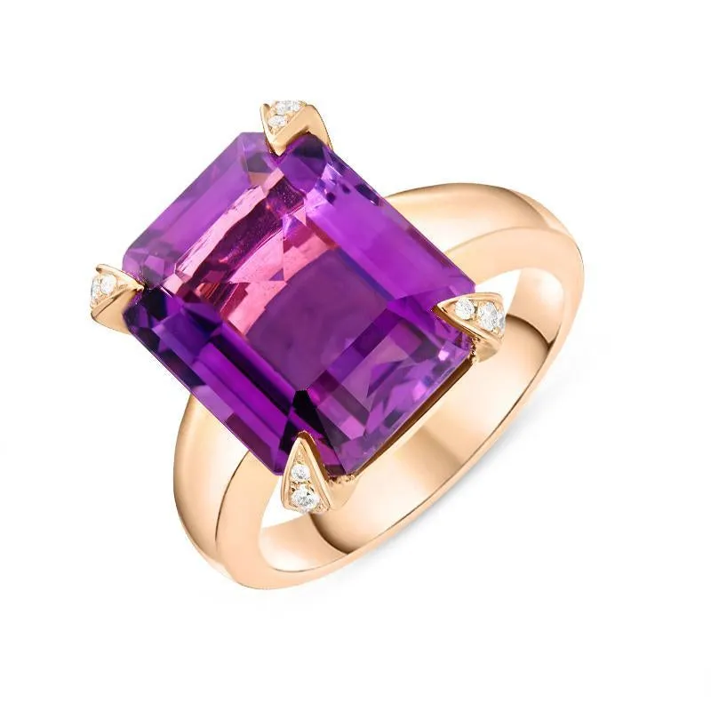 18ct Rose Gold 8.41ct Amethyst Diamond Emerald Cut Ring D