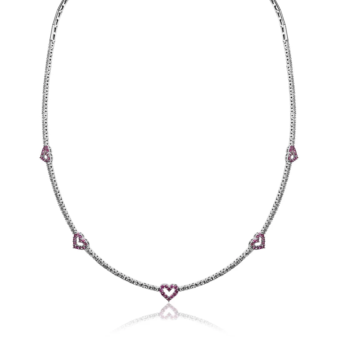 18K White gold hearts necklace with diamonds and pink sapphires