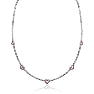 18K White gold hearts necklace with diamonds and pink sapphires