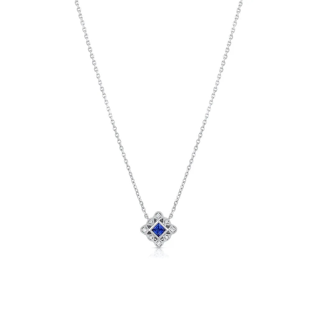 18K White Gold Sapphire Diamond Square Filigree Art Deco Necklace