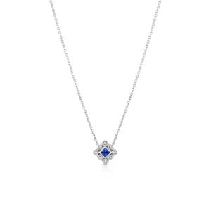 18K White Gold Sapphire Diamond Square Filigree Art Deco Necklace