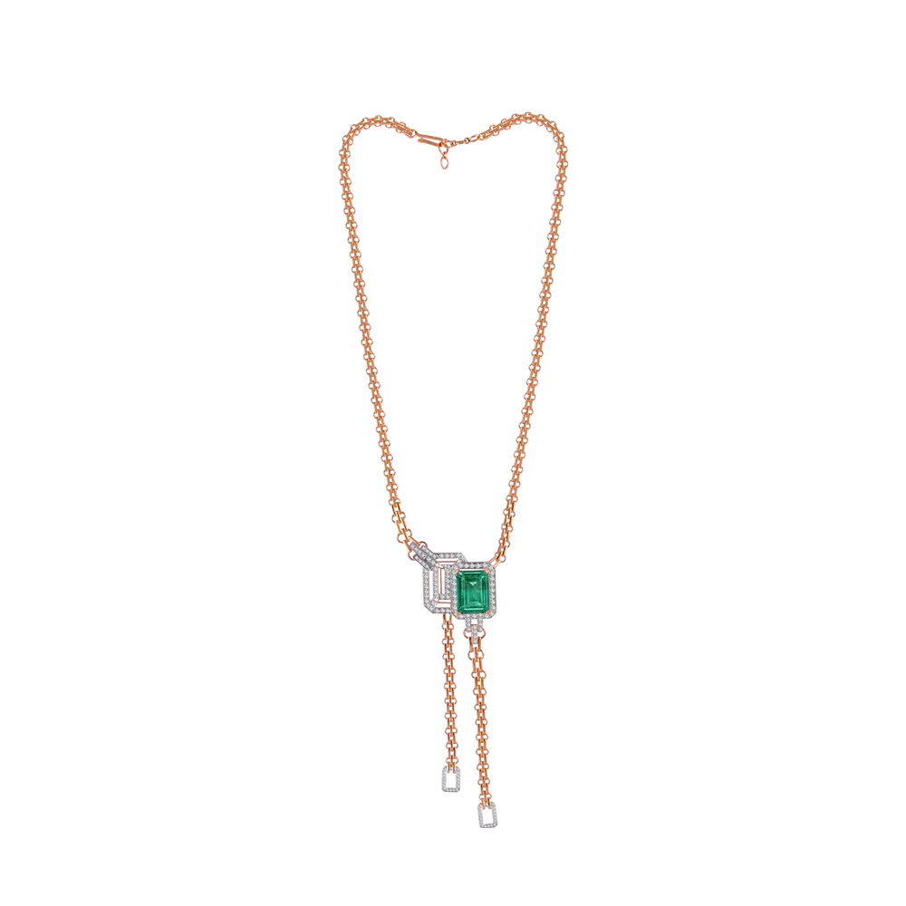 18KT (750) Yellow Gold, Solitaire And Emerald Necklace For Women