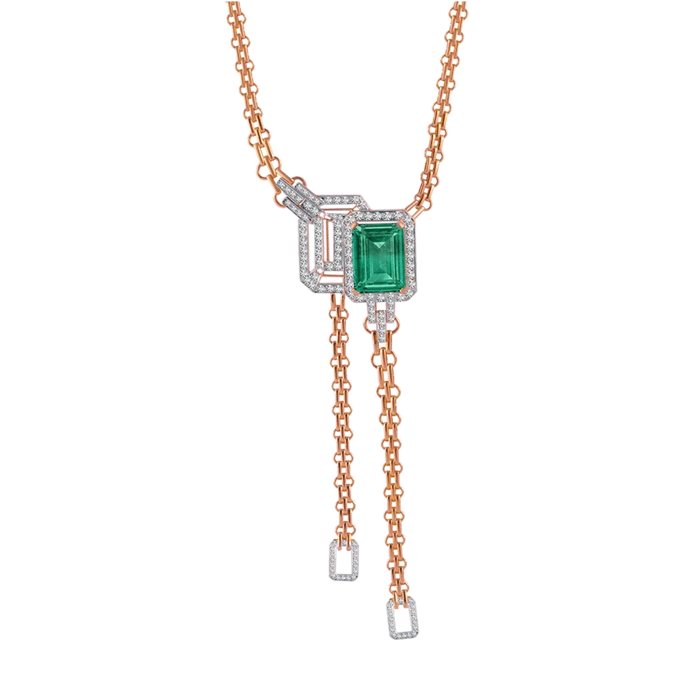 18KT (750) Yellow Gold, Solitaire And Emerald Necklace For Women