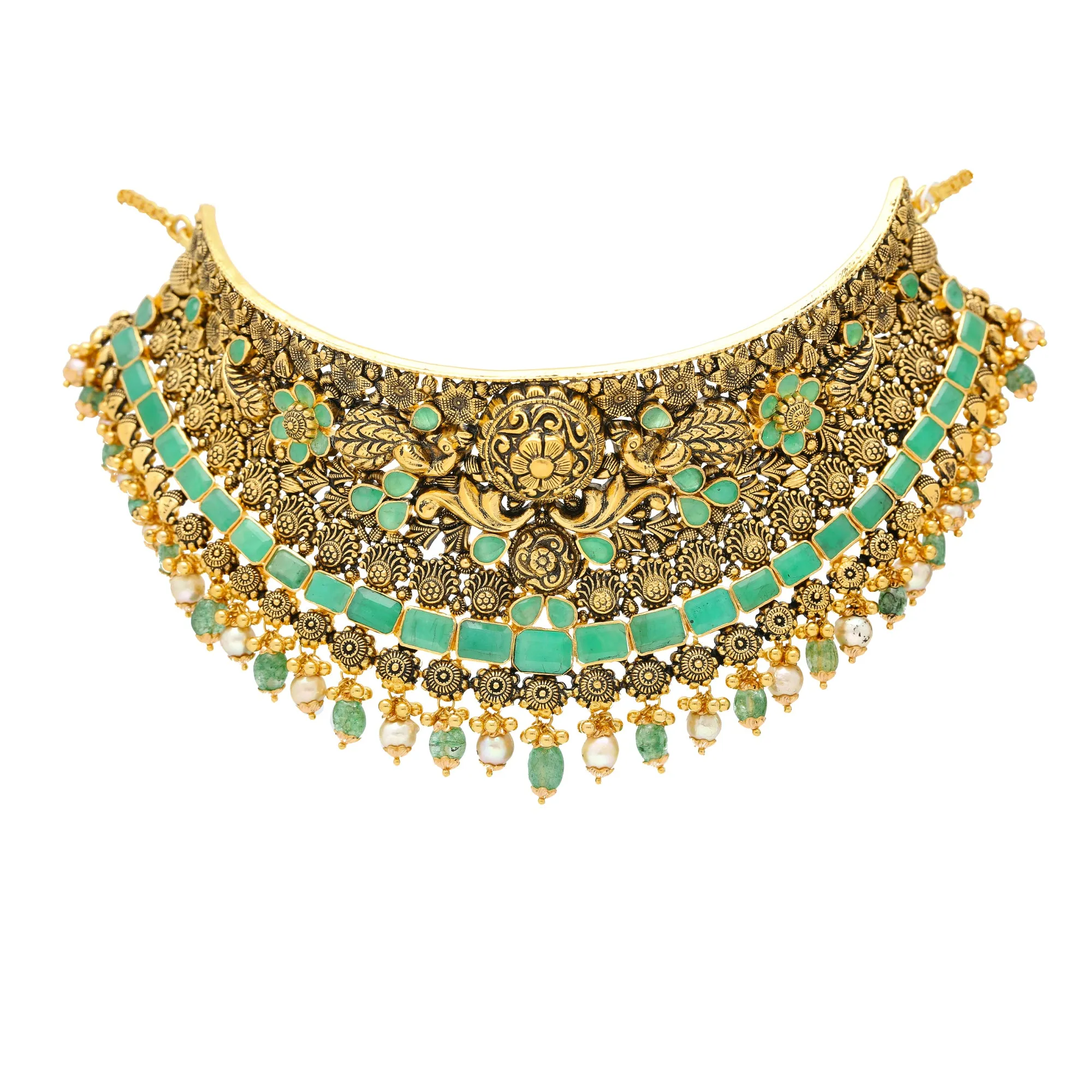 22K Antique Gold Choker Set with Emeralds & Pearls (90.4 grams)