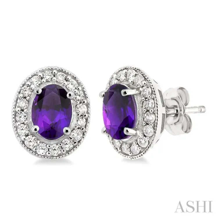 7x5MM Oval Cut Amethyst and 3/8 Ctw Round Cut Diamond Earrings in 14K White Gold