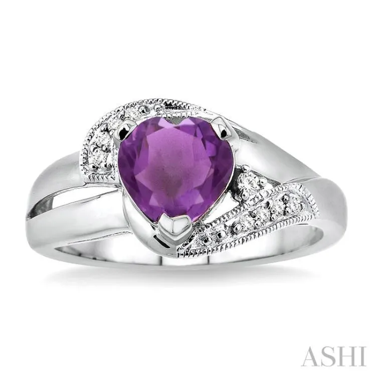 7x7MM Heart Shape Amethyst and 1/20 Ctw Single Cut Diamond Ring in Sterling Silver