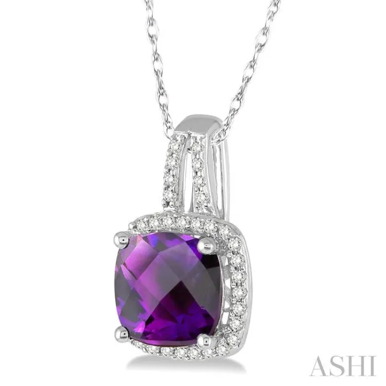 8x8 MM Cushion Cut Amethyst and 1/5 Ctw Round Cut Diamond Pendant in 10K White Gold with Chain