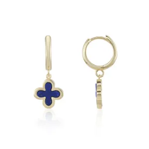 9ct Yellow Gold Lapis Flower Hoop Drop Earrings