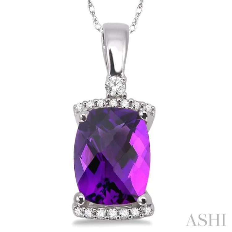 9x7MM Cushion Cut Amethyst and 1/10 Ctw Round Cut Diamond Pendant in 14K White Gold with Chain