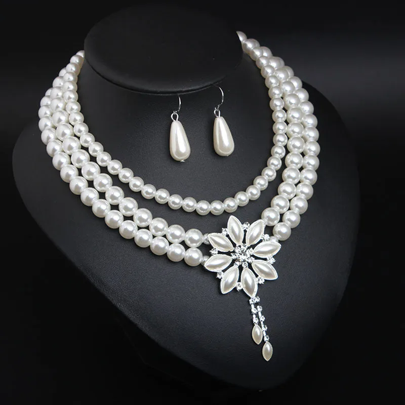 American multi-layered pearl flower necklace and earrings set women's fashion accessories