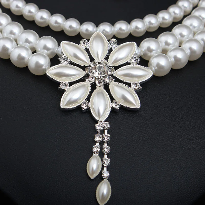 American multi-layered pearl flower necklace and earrings set women's fashion accessories