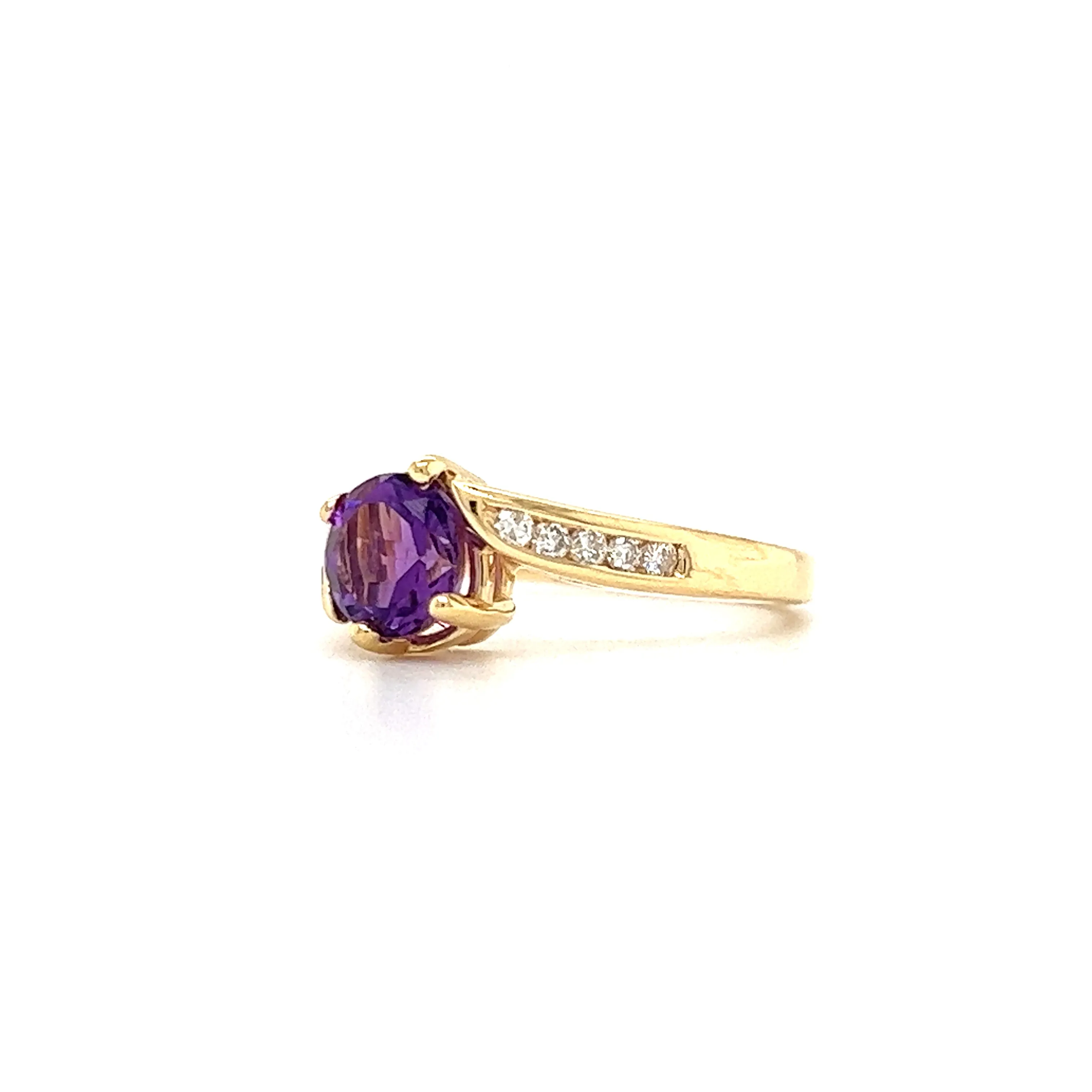 Amethyst Bypass Ring with Ten Side Diamonds in 14K Yellow Gold