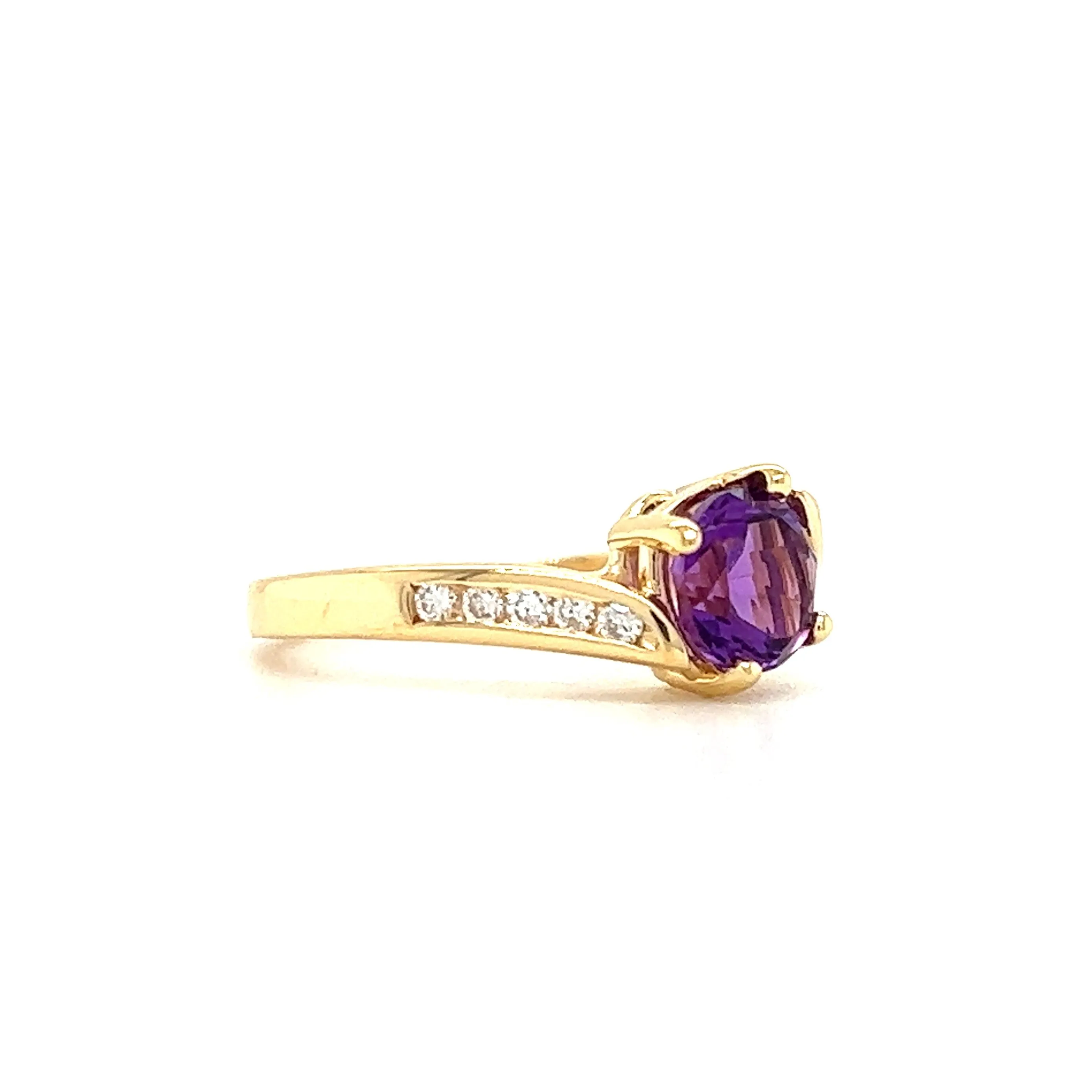 Amethyst Bypass Ring with Ten Side Diamonds in 14K Yellow Gold