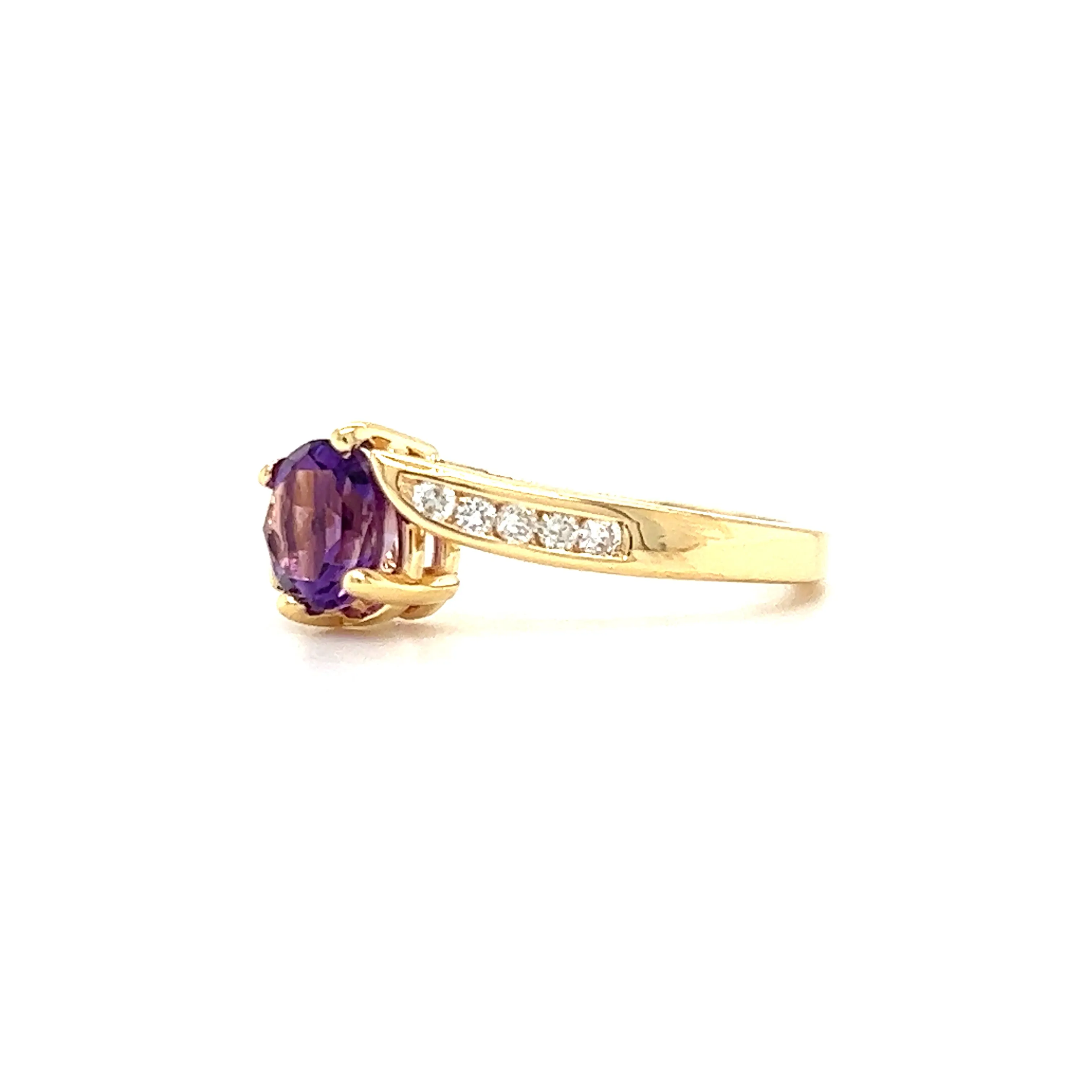 Amethyst Bypass Ring with Ten Side Diamonds in 14K Yellow Gold