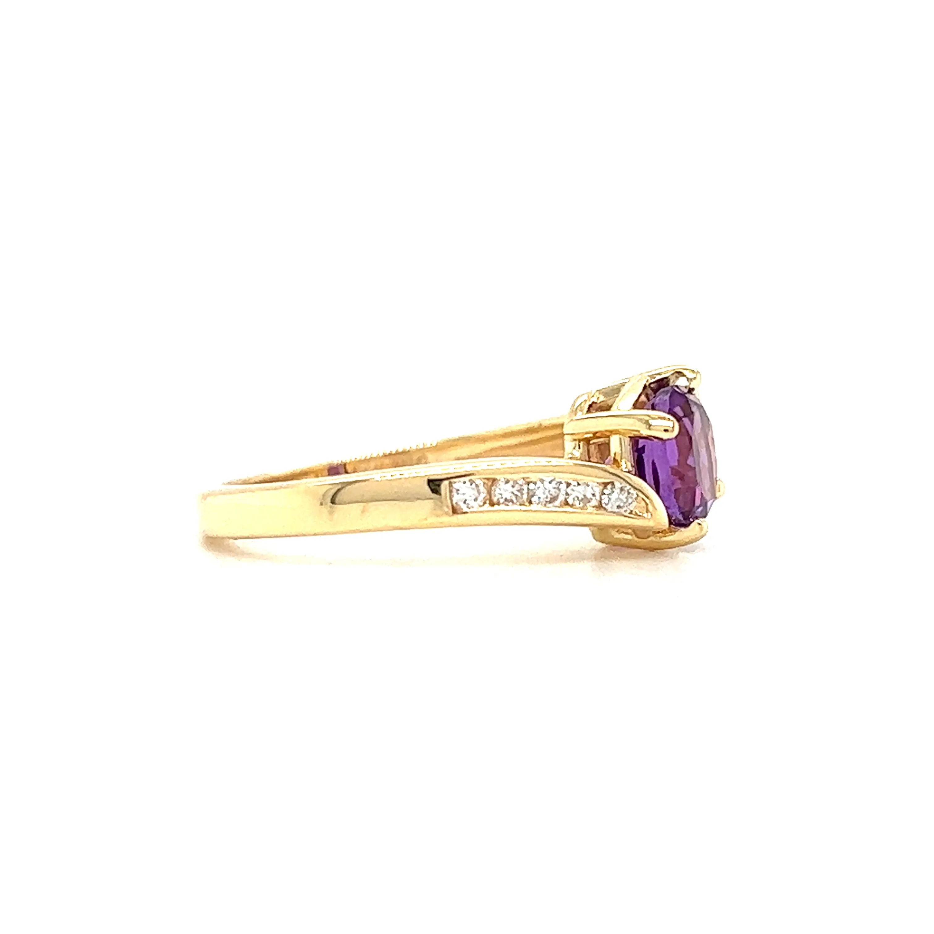 Amethyst Bypass Ring with Ten Side Diamonds in 14K Yellow Gold