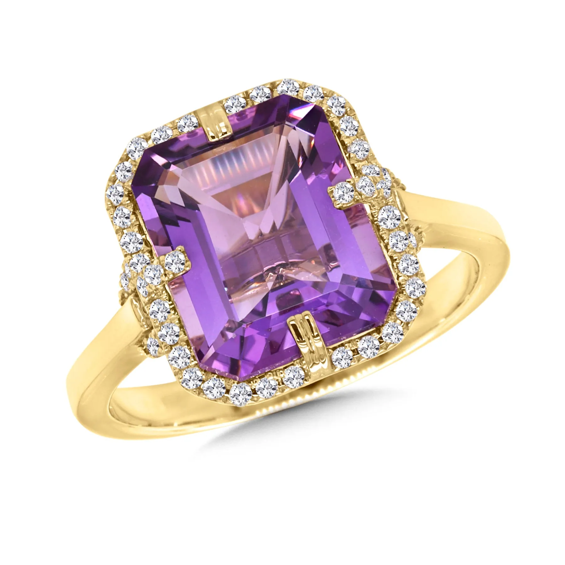 Amethyst Emerald Cut & Diamond Ring Halo 14 Karat Yellow Gold