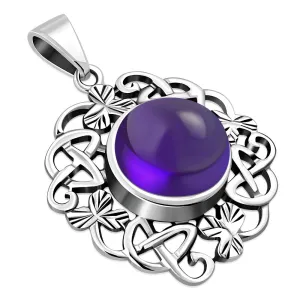 Amethyst Stone Celtic Knot Shamrock leaves Silver Pendant