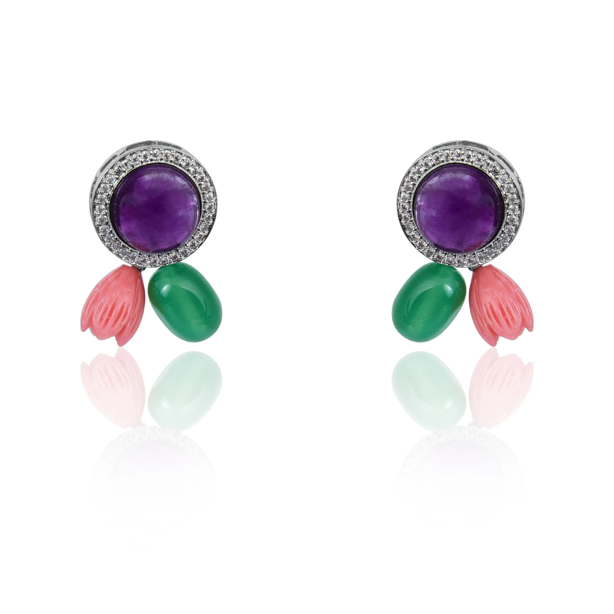 Amethyst with coral and green tumble stud earrings