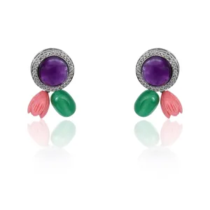 Amethyst with coral and green tumble stud earrings