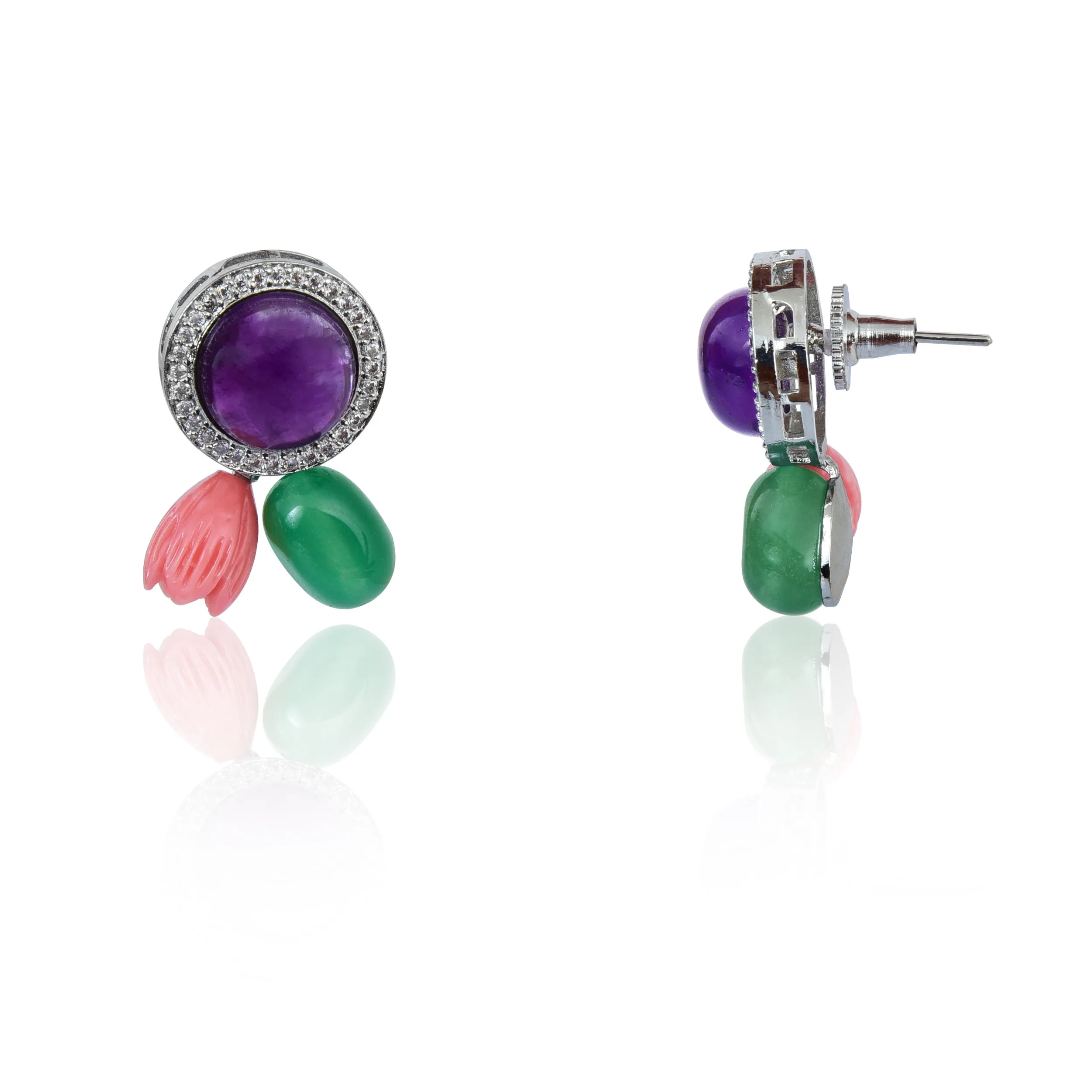 Amethyst with coral and green tumble stud earrings