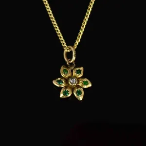 Antique 14K Gold Diamond Emerald Flower Charm Pendant Necklace