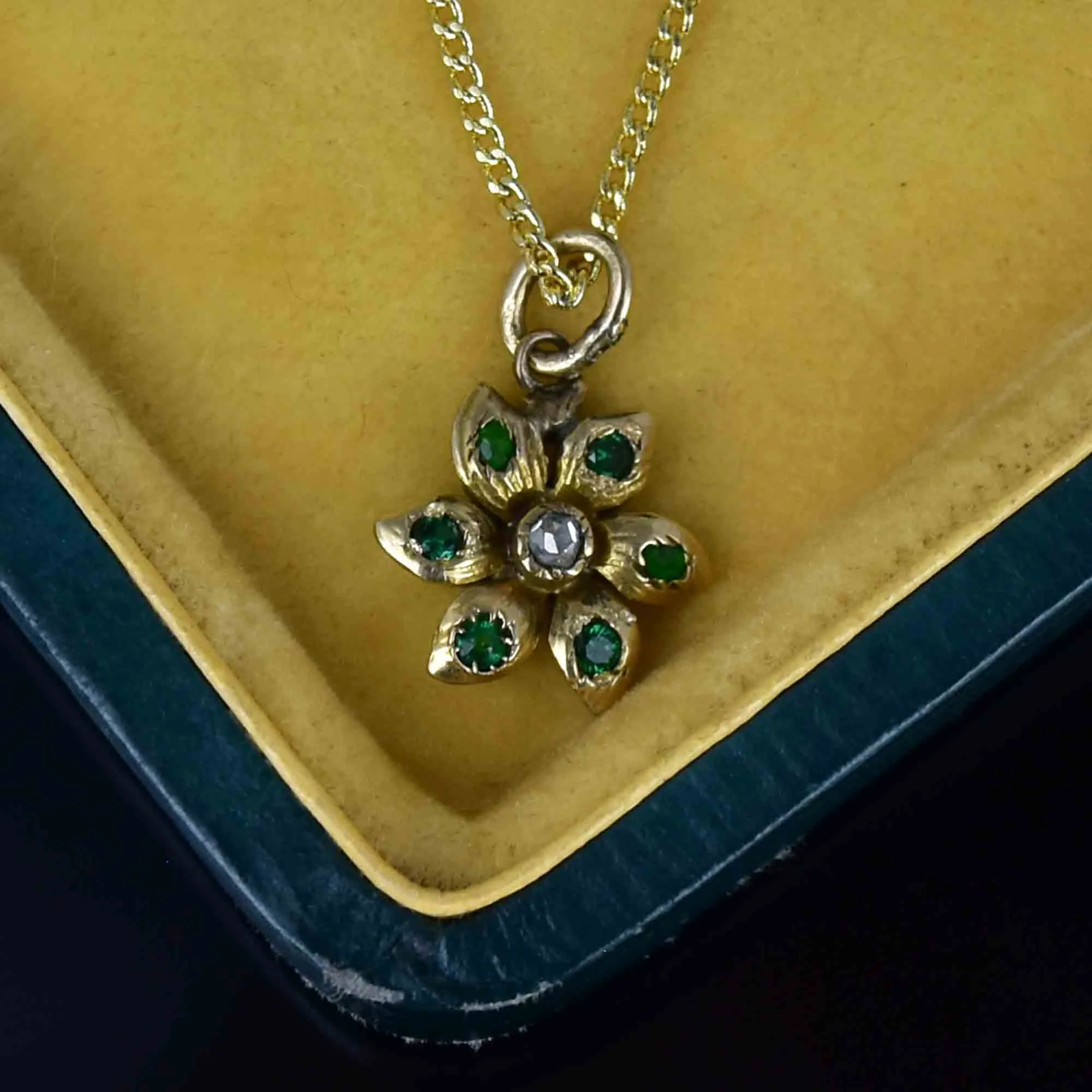 Antique 14K Gold Diamond Emerald Flower Charm Pendant Necklace