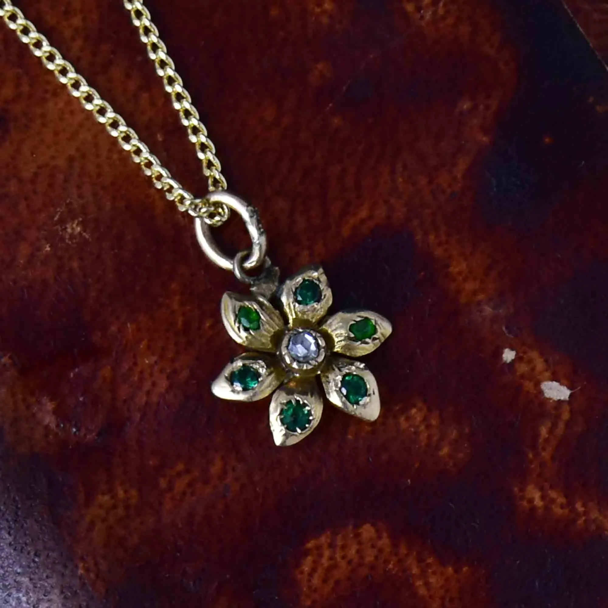 Antique 14K Gold Diamond Emerald Flower Charm Pendant Necklace