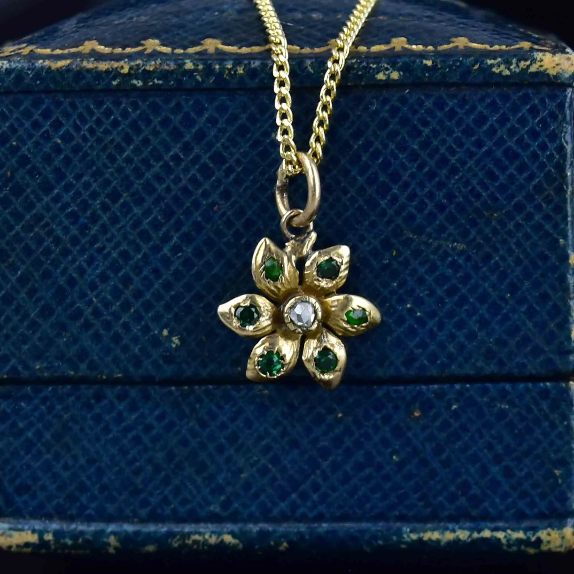 Antique 14K Gold Diamond Emerald Flower Charm Pendant Necklace