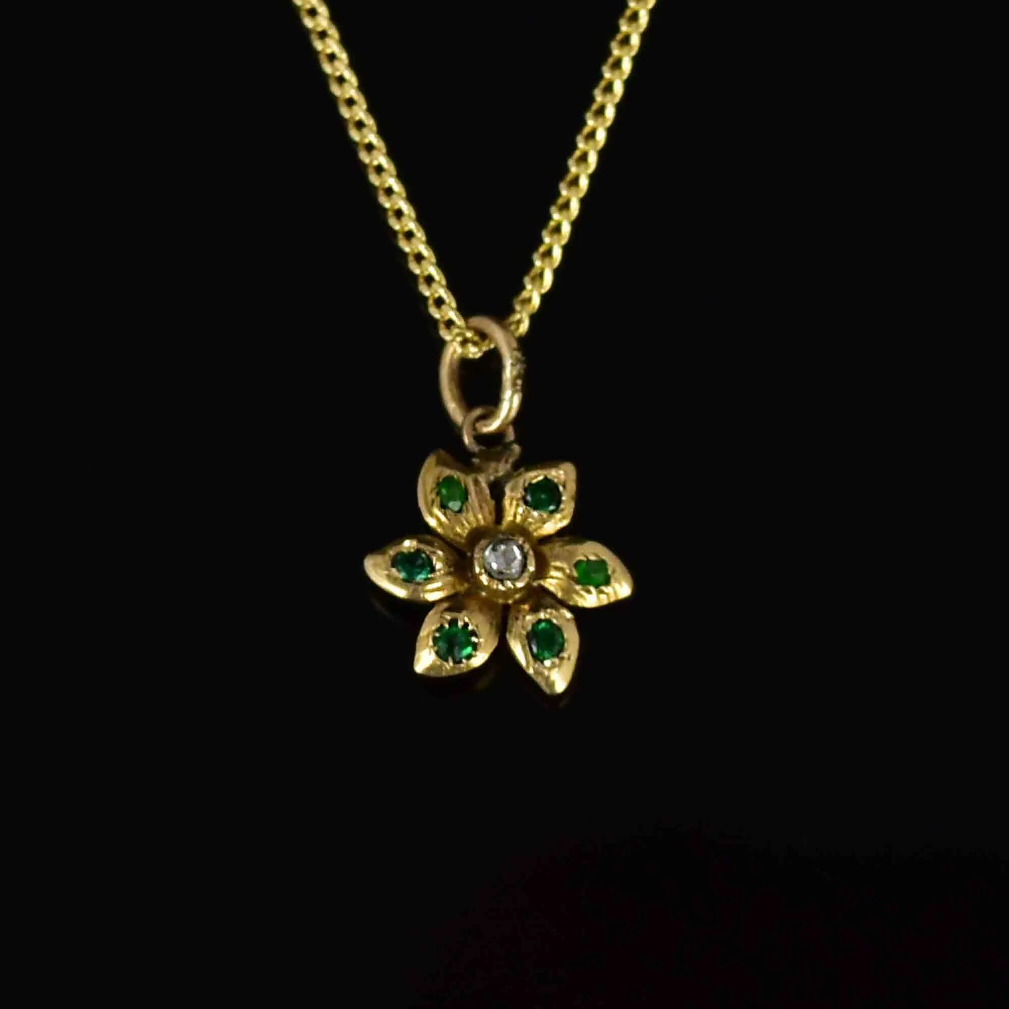 Antique 14K Gold Diamond Emerald Flower Charm Pendant Necklace