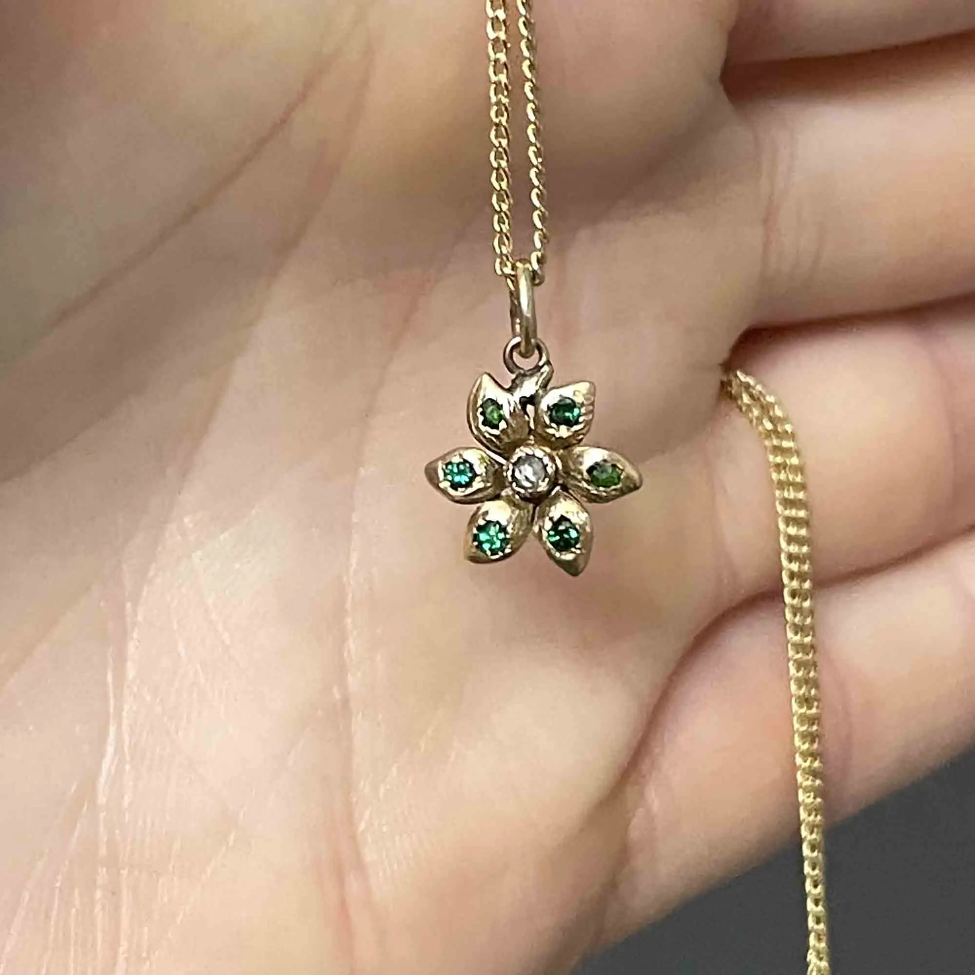 Antique 14K Gold Diamond Emerald Flower Charm Pendant Necklace