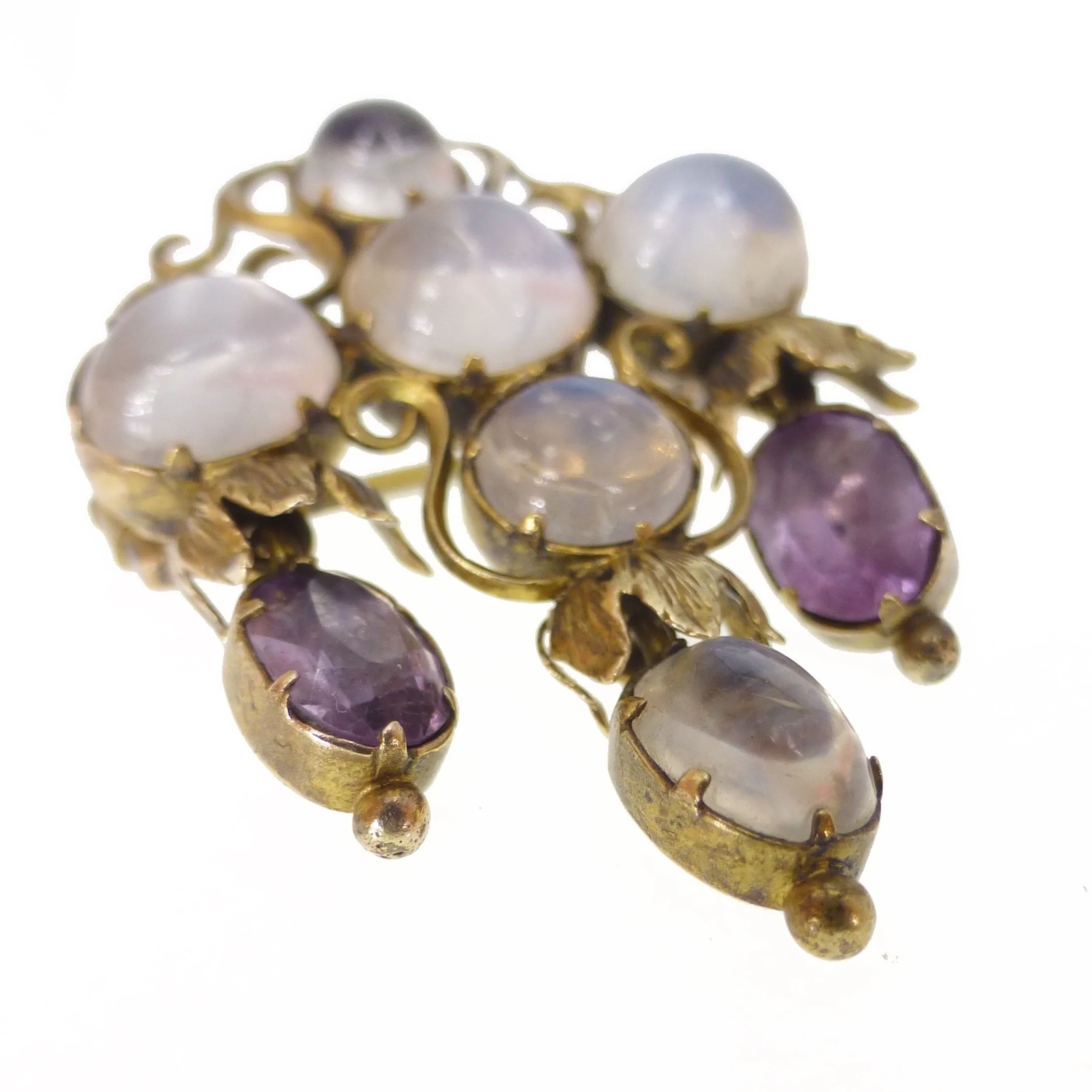 Antique Arts & Crafts Era Gold Moonstone & Amethyst Brooch